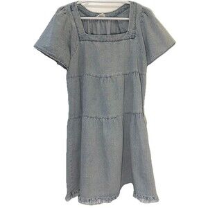 Umgee Denim Babydoll Dress Medium Blue Square Neck Tiered Raw Hem